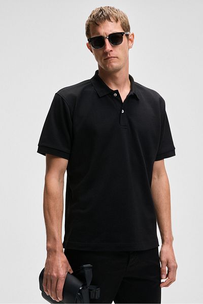 GRIMELANGE Monaghan Men's Polo Neck Relaxed Fit Placket Button Short Sleeve Black T-Shirt