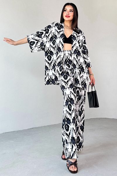 Cappmoda Tkm-13296 Black Ethnic Patterned Kimono & Trousers Double Set