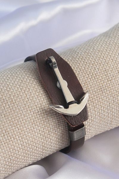 Silerra Brown Leather Model Silver Color Anchor Figure Men's Bracelet