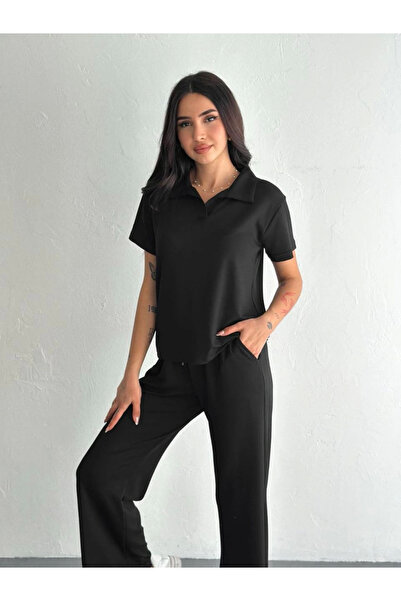 velmorafashion Velmora Osy Modal Soft Textured Fabric Short Sleeve Collared T-Shirt Pantalon Two-Piece Set - Black -
