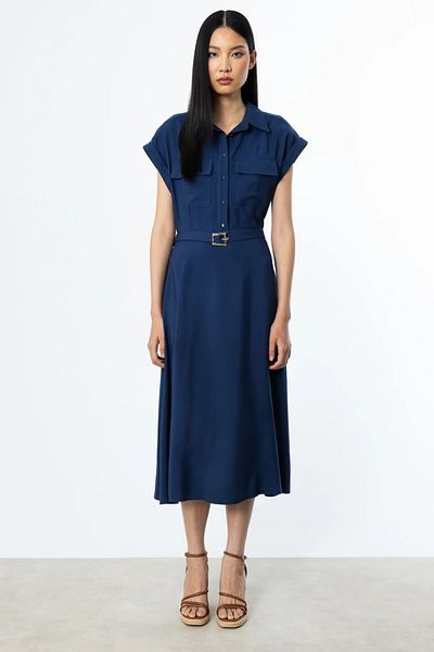 Ekol Buttoned Front Maxi Dress with Belt Navy Blue 05080