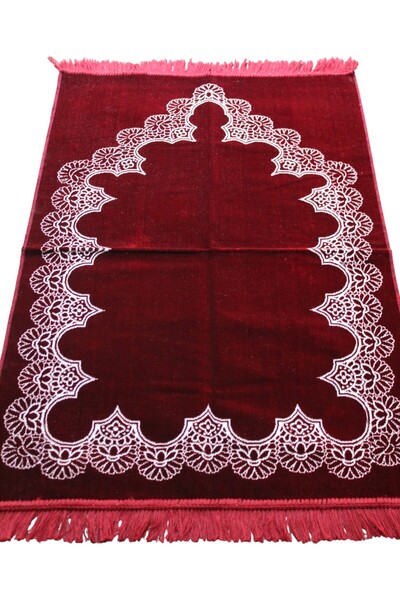 SALVUS Kadife Lüks Desenli Seccade - Kırmızı Namazlık Hac Umre Hediyelik ve Çeyizlik