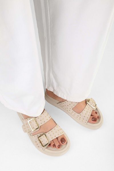 Shoeberry Women's Maren Beige Suede Belt Buckle Slippers