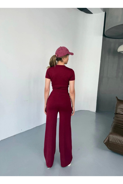 velmorafashion Velmora Osy Modal Soft Textured Fabric Embroidered Comfortable Wide Leg Sweatpants - Burgundy -