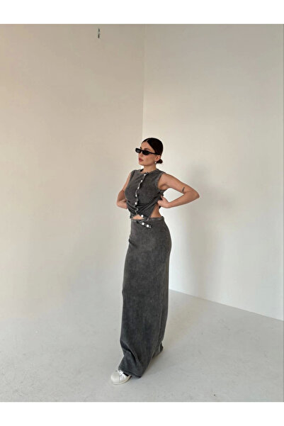 velmorafashion Velmora Long Skirt with Buttoned Front Badi Two-Piece Set - Anthracite -