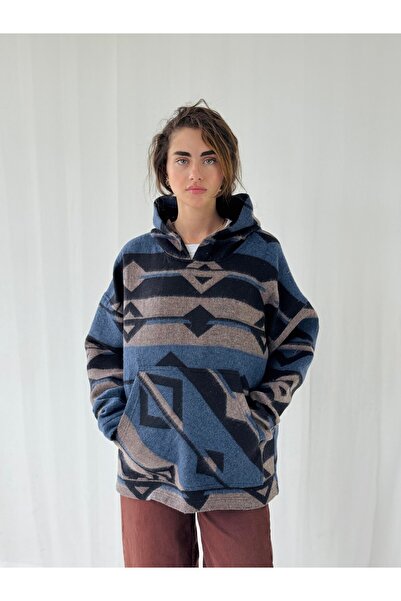 Retrobird Kalın Kaşe Kışlık Oversize İndigo Unisex Kapüşonlu Sweatshirt