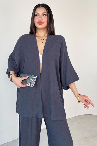 Cappmoda Tkm-13297 Anthracite Modern Cut Kimono & Loose Trousers Summer Double Set
