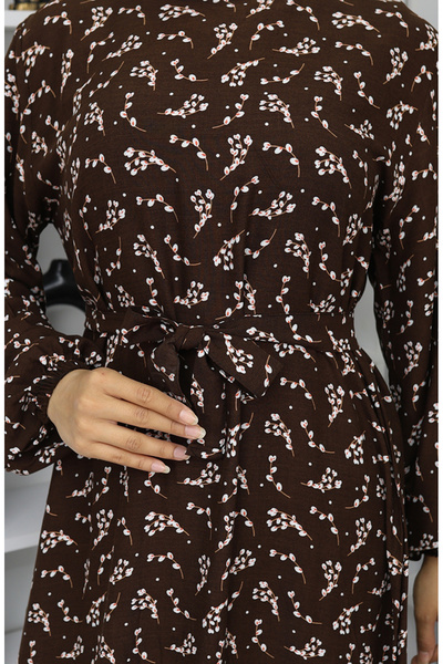 sefamerve Patterned Belted Dress 2049-05 Brown
