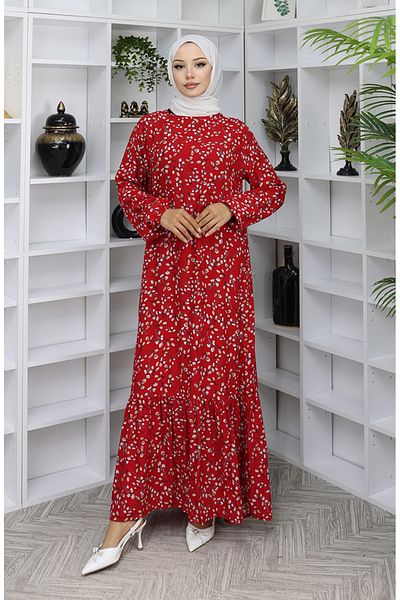 sefamerve Viscose Fabric Patterned Dress 0065-03 Red