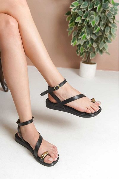 ünverdi Inele Negru Flip Flops Damă Accesoriu Detaliu Cataramă Bandă simplă Sandale de zi cu zi din piele mată