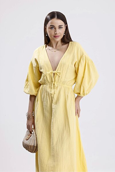 GIDY Rochie de muselina cu maneca cu balon cu decolteu in V - galben