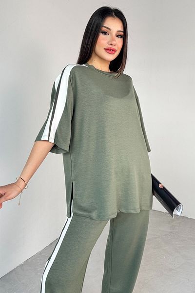 Cappmoda TKM-13298 Χακί Modal Fabric Color Block Oversize Μπλούζα & Loose Παντελόνι Σετ δύο τεμαχίων