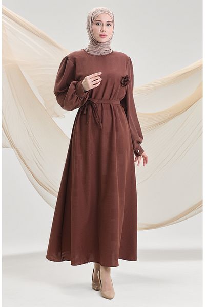 sefamerve Φόρεμα Seersucker Fabric Belted 2043-03 Καφέ
