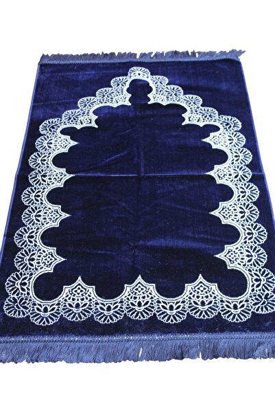 SALVUS Kadife Lüks Desenli Seccade - Lacivert Namazlık Hac Umre ve Çeyizlik