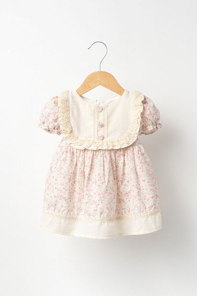 Banamio Riella Baby Girl Child Scalloped Detail Collar Gathered Sleeves Lined Linen Dress