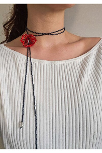 SHİNELİZE Kırmızı çiçek kolye, kırmızı boncuk kolye, kırmızı gül choker kolye