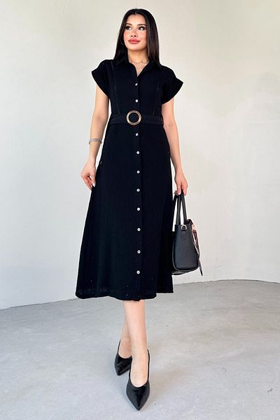 Cappmoda ELB-01785 Μαύρη ζώνη διάτρητο καλοκαιρινό φόρεμα με λεπτομέρεια πουκάμισο με κουμπιά