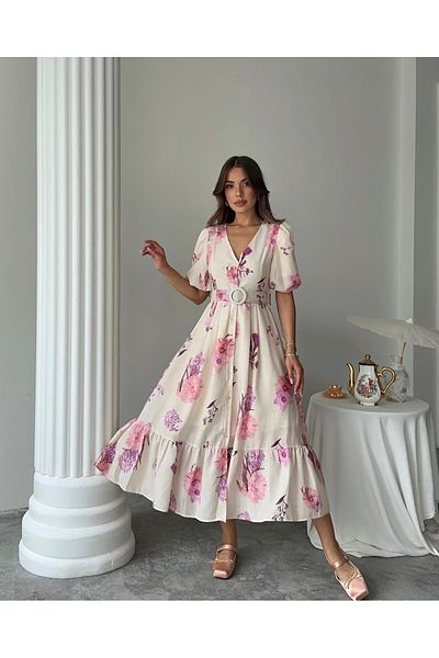 Afiş Butik Ecru Floral Patterned Belted Midi Dress