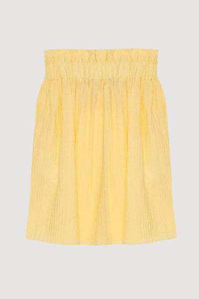 Quzu Seersucker Ruffled Strapless Blouse Yellow