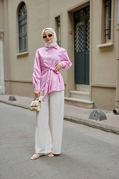 LOCCO Women's Side Tie Striped Shirt Pink