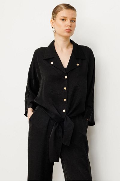 Moda İlgi Modailgi Mono Collar Bat Sleeve Front Tie Detailed Short Shirt Black