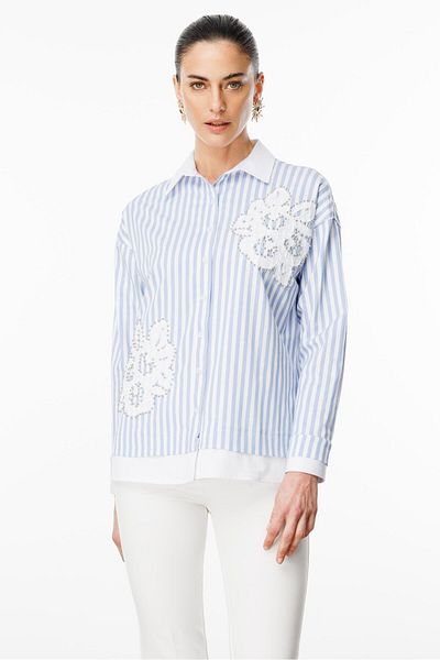 Moda İlgi Modailgi Plain Fabric Garnish Embroidery Applique and Pearl Detail Shirt Blue