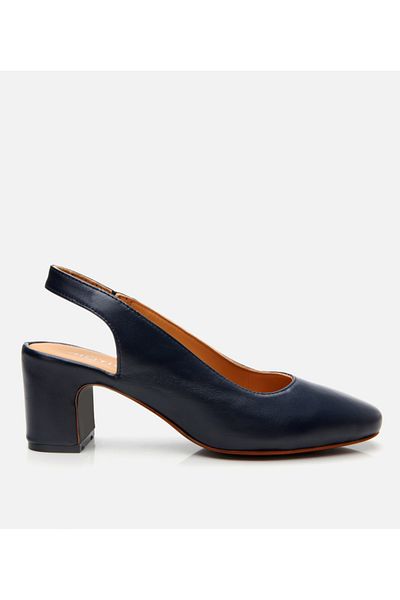 Hotiç Women's Leather Navy Blue Comfortable Open Back Thick Heeled Shoes