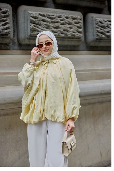 LOCCO Women's Blouse Collar Bat Shirred Cardigan Yellow