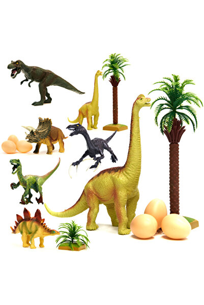 Ikonka Set de figurine dinozaur, 14 elemente, 6 ouă, 1 copac, 1 tufiș, multic...