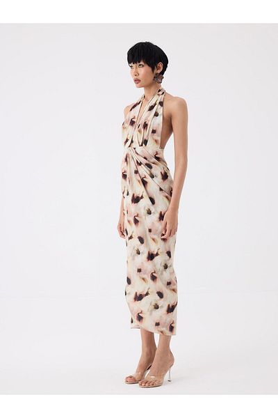 RİVUS Halter Neck Dress with Twisted Front Slit Detail - Beige Patterned