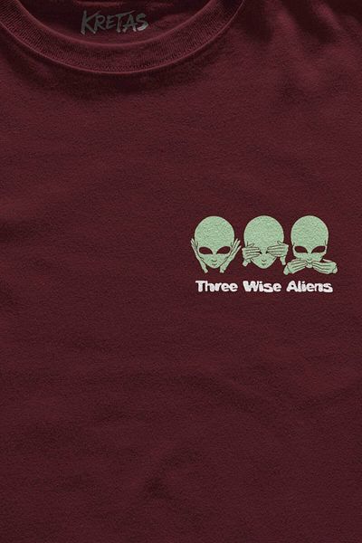Kretas Unisex Claret Red T-Shirt Three Wise Aliens Ufo Mars Space Cosmos Minimal Printed T-Shirt