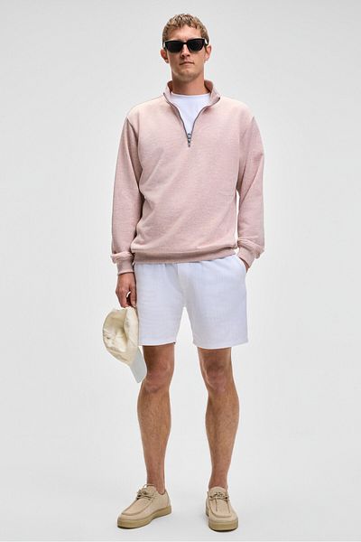 GRIMELANGE Nestor Men's Relaxed Fit Stand Collar Half Zipper Long Sleeve Pink Melange Sweatshirt