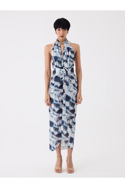 RİVUS Halter Neck Dress with Twisted Front Slit Detail - Blue Patterned