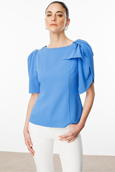 Moda İlgi Modailgi Kolları Pile Fiyonk Anvelop Detaylı Fermuar Kapamalı Bluz Mavi