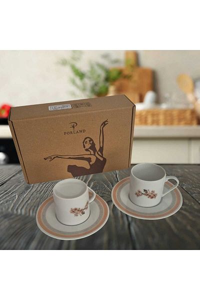 Porland Porcelain Patterned Coffee Cup Set White 2 Person 90 ml