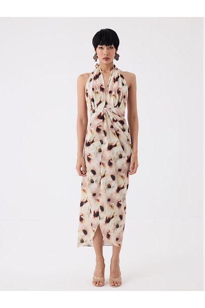 RİVUS Halter Neck Dress with Twisted Front Slit Detail - Beige Patterned