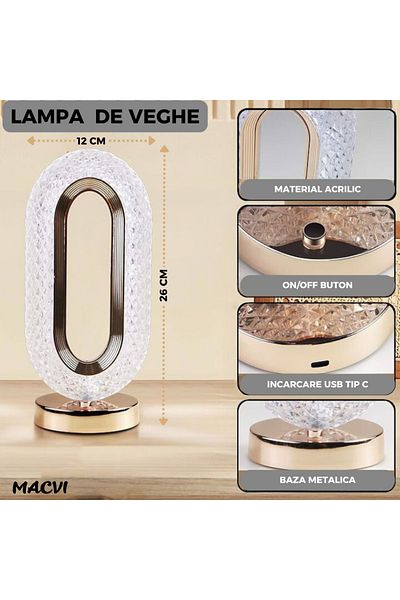 MACVI Lampa de masa Macvi® tip cristal eleganta, 3 culori, control touch, USB, acrilic modern
