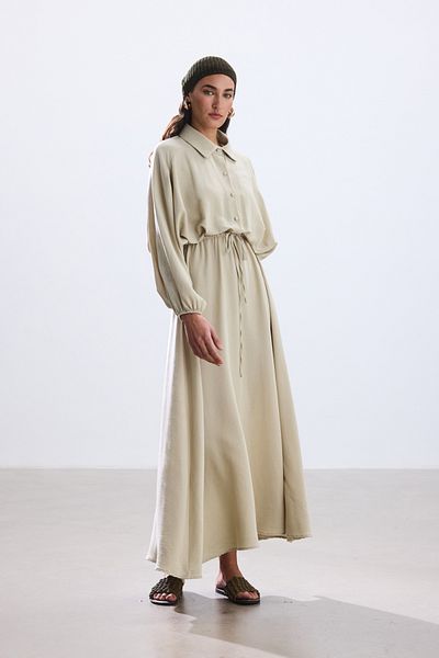 BE BLUE Beige Waist Shirred Dress