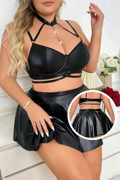 randevu Σετ εσώρουχα σουτιέν με φούστα Plus Size Δερμάτινη εμφάνιση