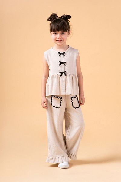 Banamio İndila Bow Detailed Wide Leg Relaxed Cut Linen Two-Piece Set with Pockets