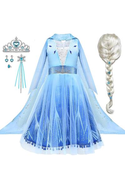 EvrikaUnity Rochie Elsa Frozen 2 pentru copii, Set cu coronita, peruca si acc...