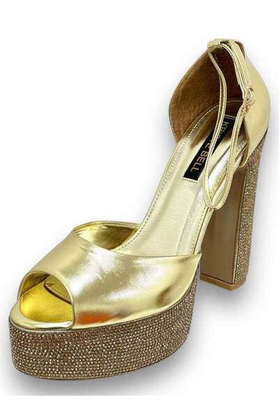 KRISTE BELL 2262 METALİK ALTIN GOLD TAŞLI KALIN PLATFORMLU TOPUKLU KADIN ABİYE AYAKKABI
