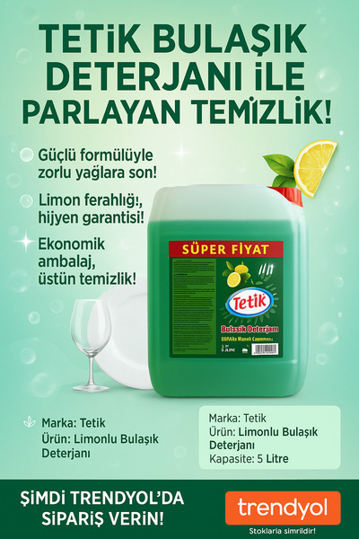 Tetik Bulaşık Deterjanı 5 Litre – Ekonomik Boy, Maksimum Temizlik