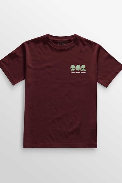 Kretas Unisex Claret Red T-Shirt Three Wise Aliens Ufo Mars Space Cosmos Minimal Printed T-Shirt