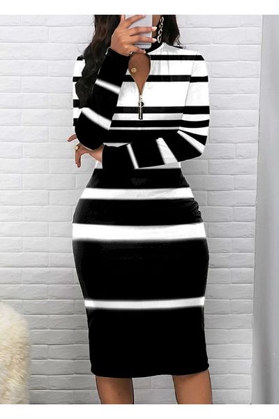 Silerra Women's Long Sleeve Zipper Detail Black and White Striped Acrylic Knitwear Dress