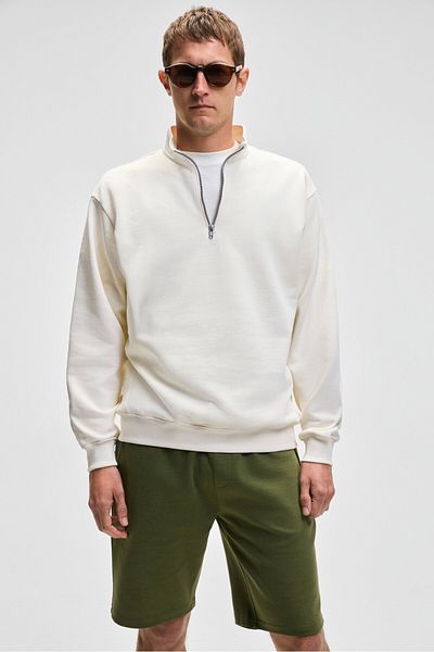 GRIMELANGE Nestor Men's Relaxed Fit Stand Collar Half Zipper Long Sleeve Ecru Sweatshirt