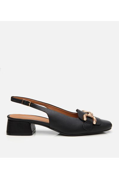Hotiç Women's Leather Black Buckle Open Back Heeled Shoes