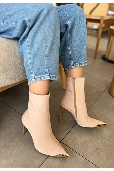 KRISTE BELL 5131 METAL DETAYLI BEJ TRİKO TOPUKLU BOT KADIN AYAKKABI