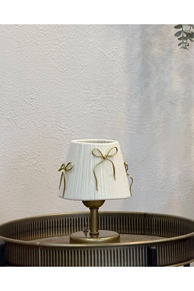 Maison Avf Krem Kadife Süet Gold Fiyonk Kurdele Kablosuz Masa Lambası - Alt Eskitme Gold