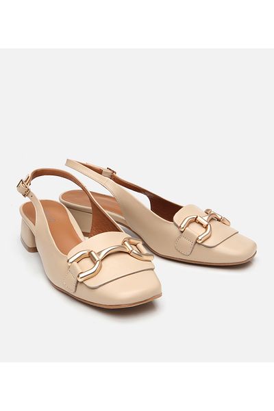 Hotiç Women's Leather Beige Buckle Open Back Heeled Shoes